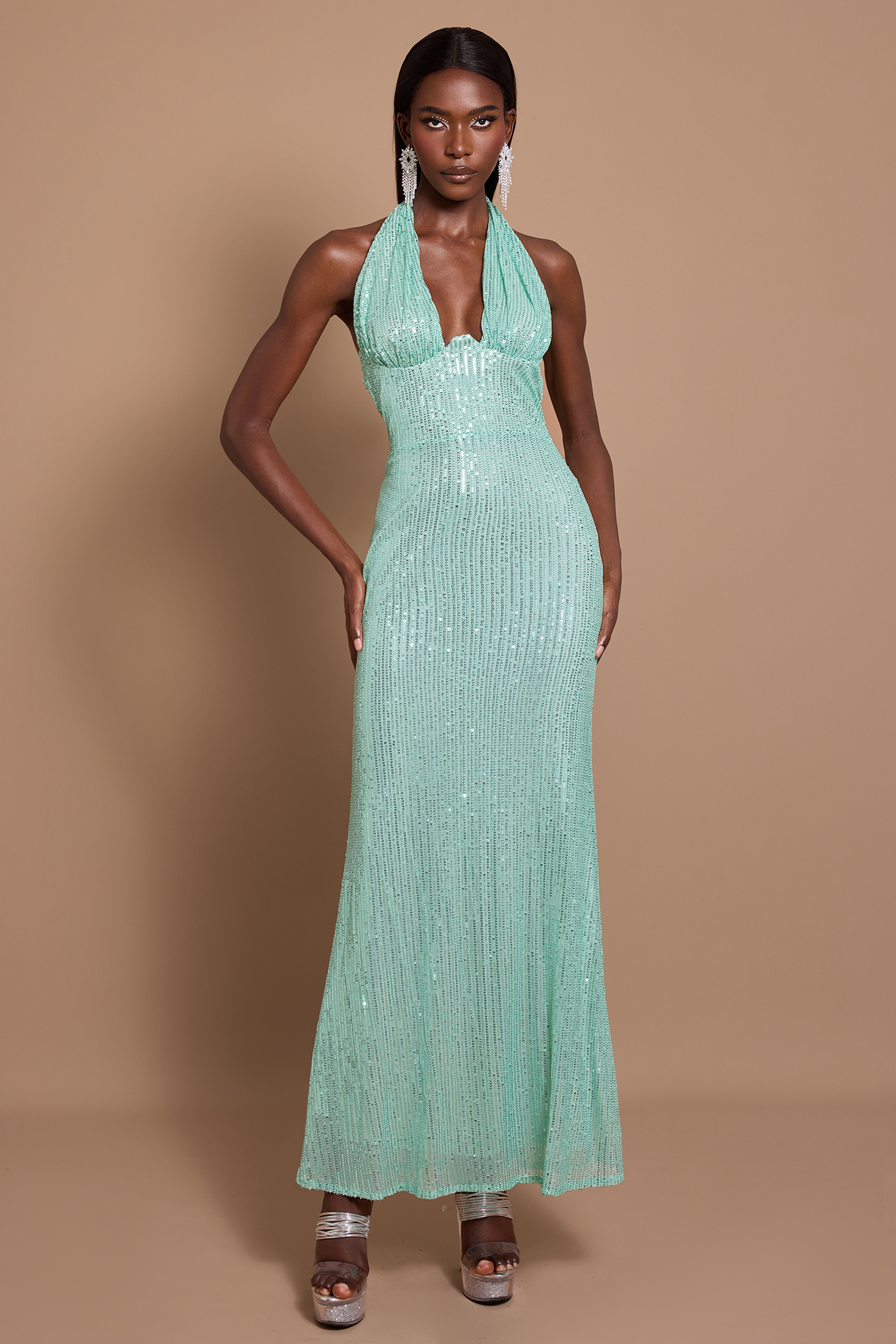 Sequin Halter Neck Backless Maxi Dress