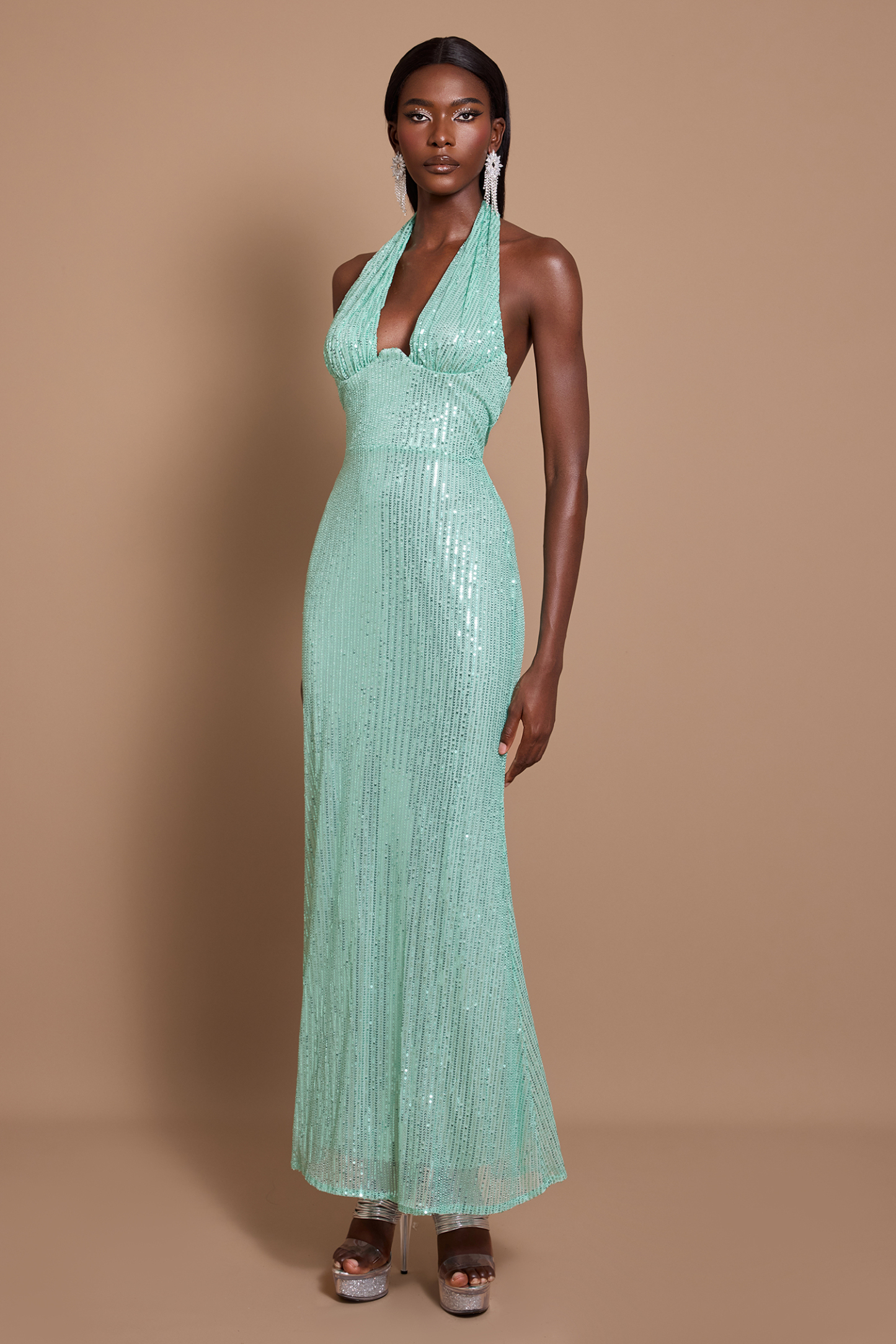 Sequin Halter Neck Backless Maxi Dress