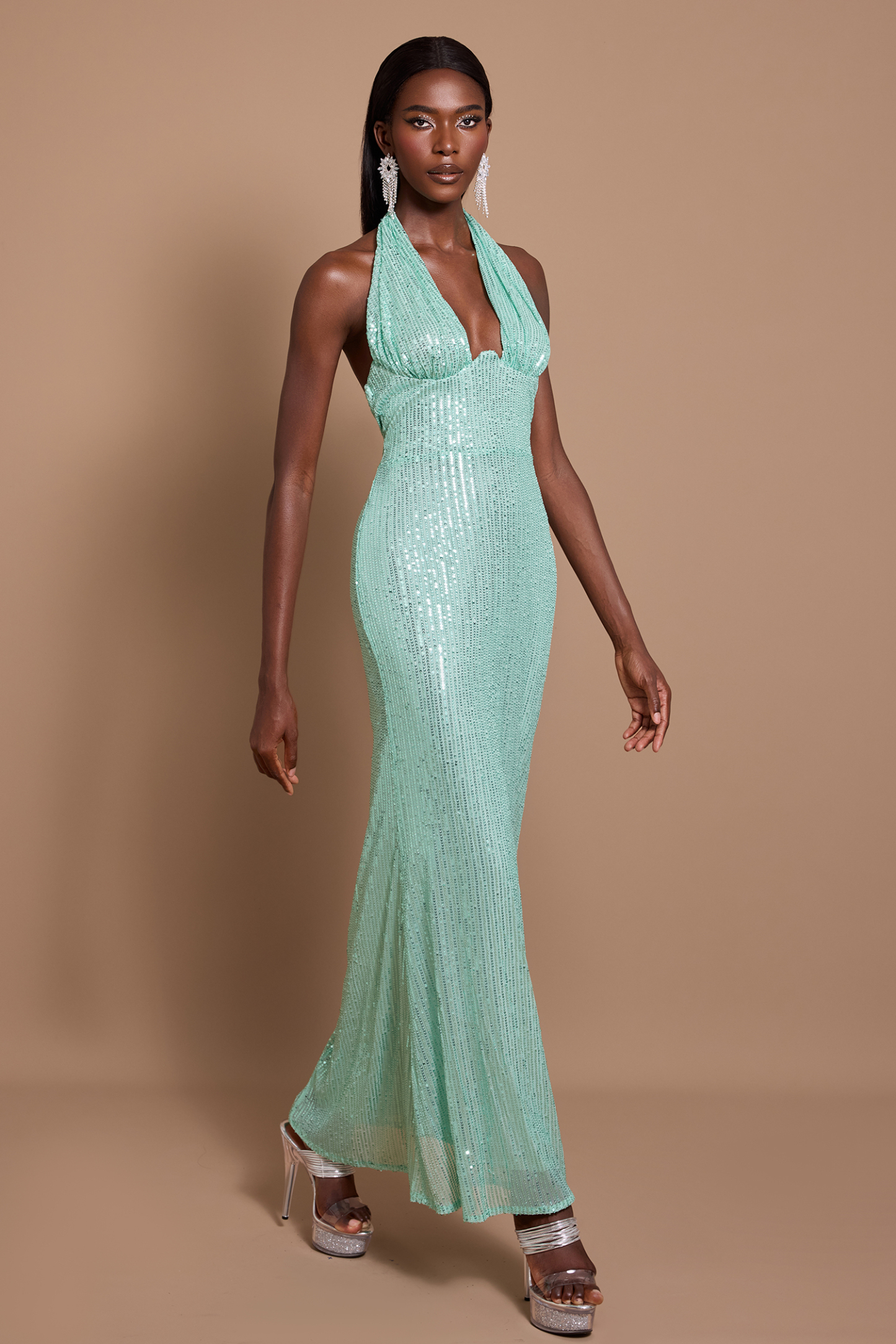 Sequin Halter Neck Backless Maxi Dress