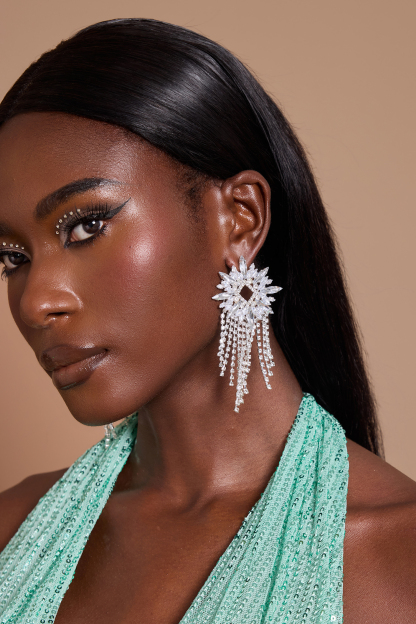 Faux Diamond Cut-Out Tassel Earrings