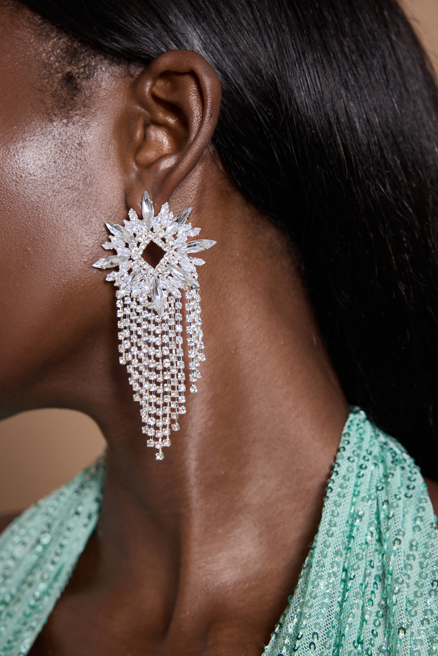 Faux Diamond Cut-Out Tassel Earrings