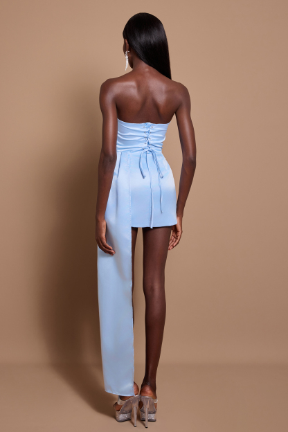 Faux Pearl Satin Ruched Mini Dress