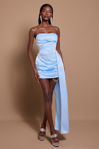 Faux Pearl Satin Ruched Mini Dress