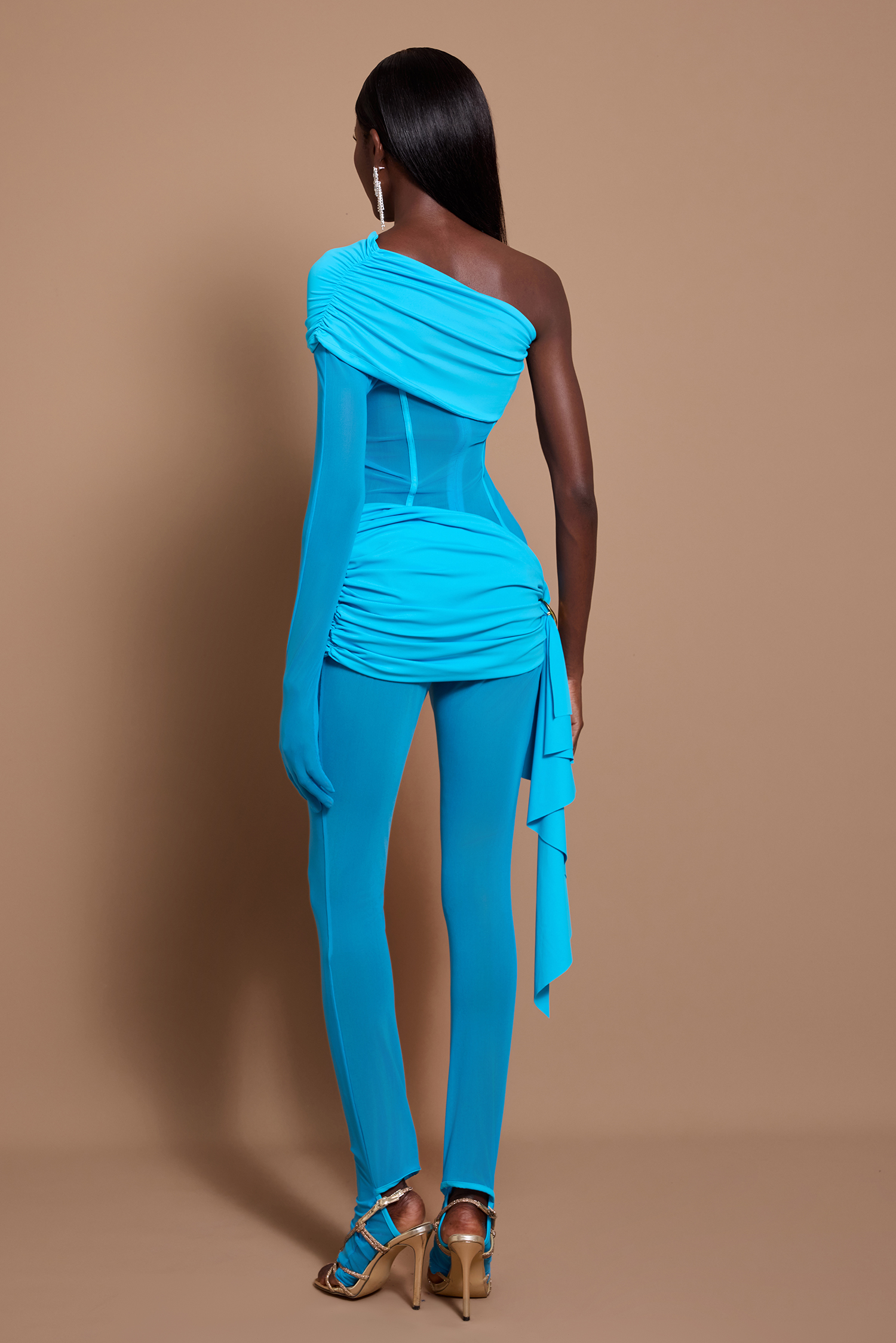 One-Shoulder Long Sleeve Gathering Jumpsuit