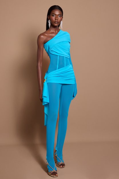 One-Shoulder Long Sleeve Gathering Jumpsuit