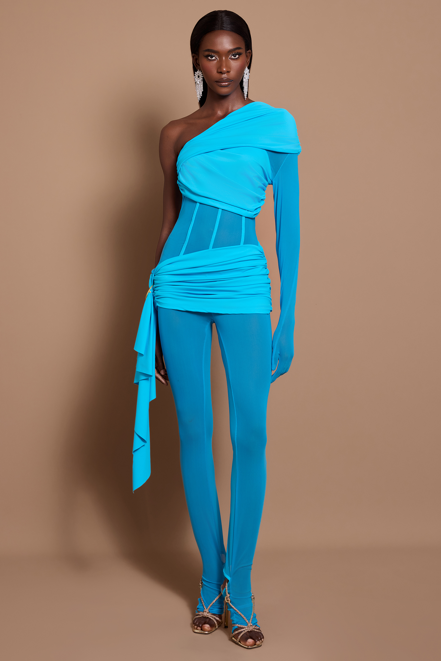 One-Shoulder Long Sleeve Gathering Jumpsuit