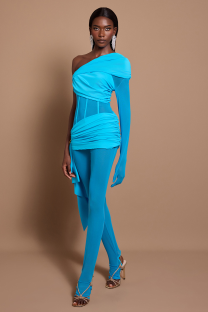 One-Shoulder Long Sleeve Gathering Jumpsuit