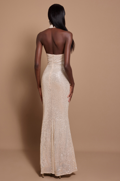 Sequin Halter Neck Asymmetric Maxi Dress