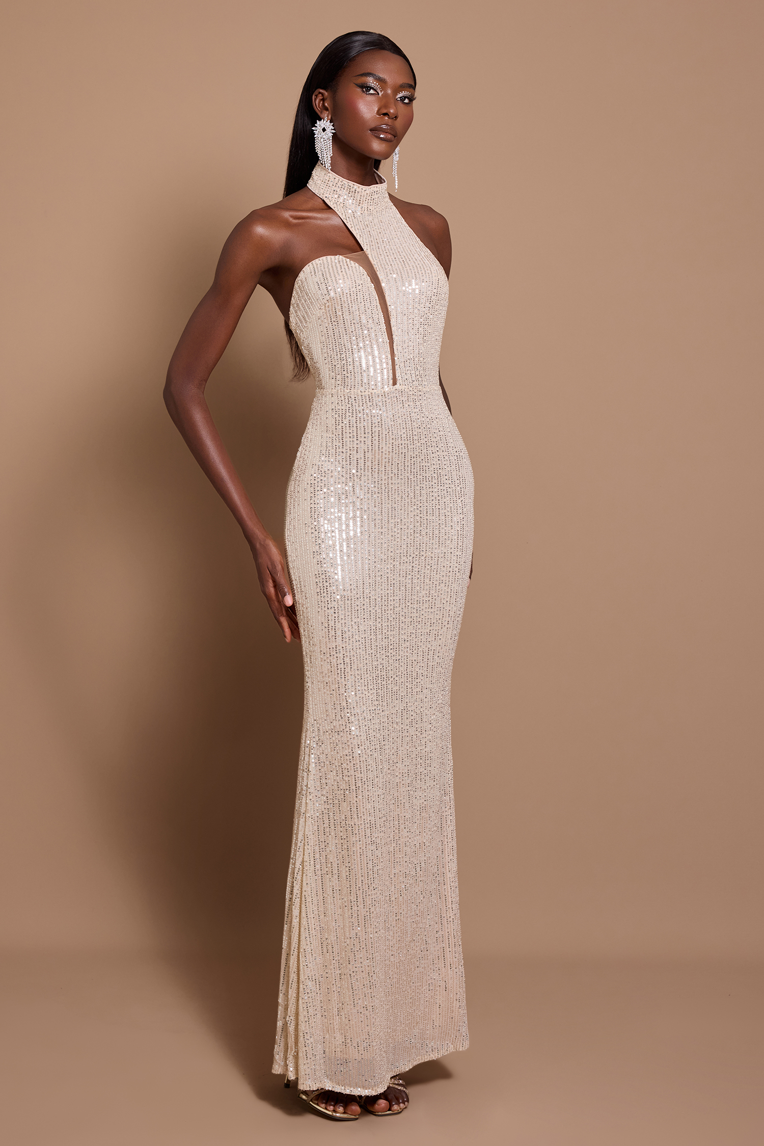 Sequin Halter Neck Asymmetric Maxi Dress