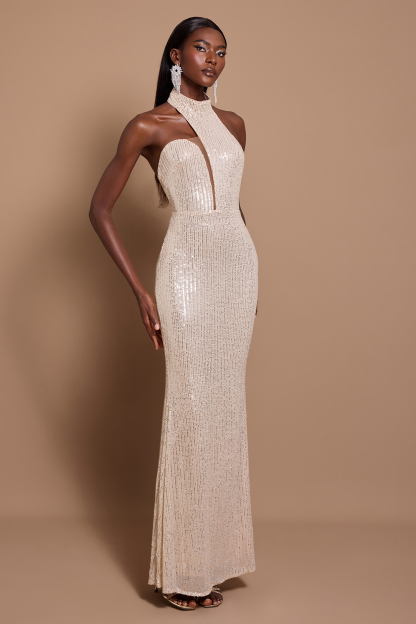 Sequin Halter Neck Asymmetric Maxi Dress