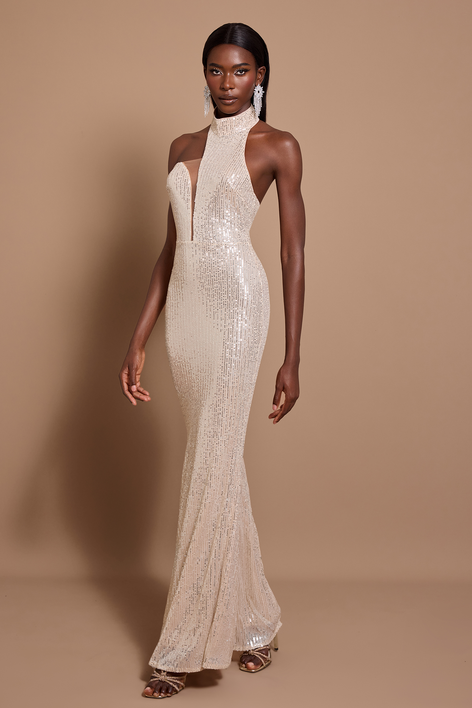 Sequin Halter Neck Asymmetric Maxi Dress