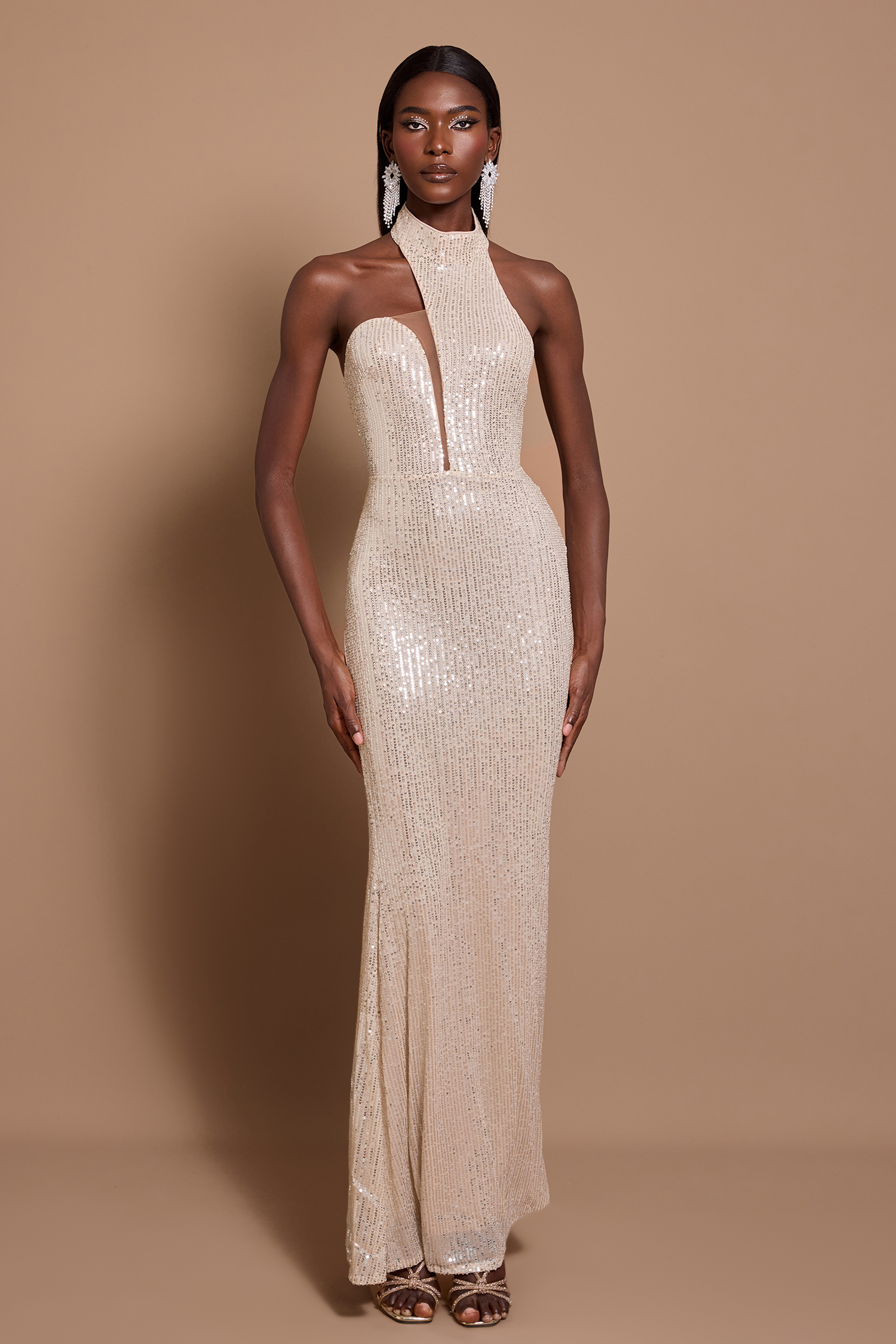 Sequin Halter Neck Asymmetric Maxi Dress