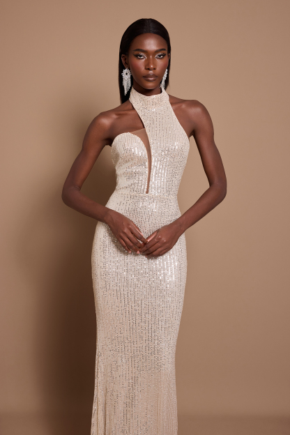 Sequin Halter Neck Asymmetric Maxi Dress