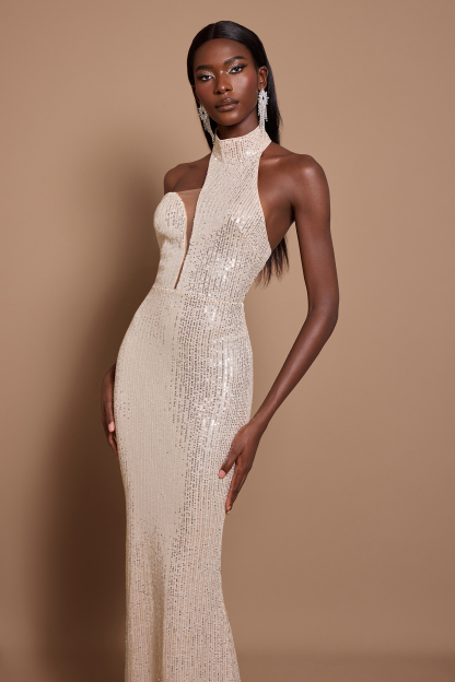 Sequin Halter Neck Asymmetric Maxi Dress