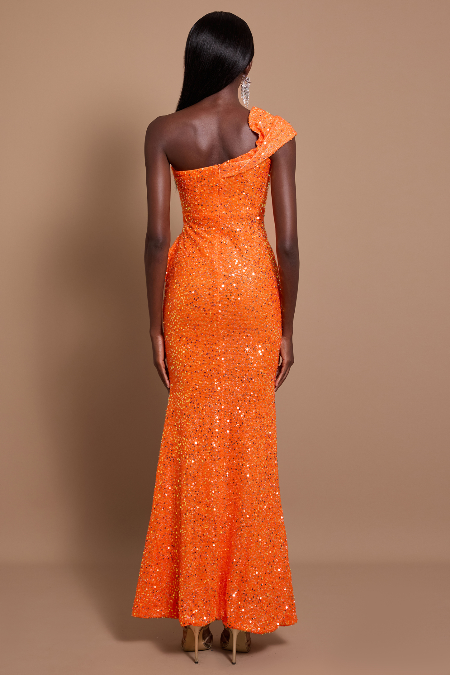 Sequin One Shoulder Ruffle Maxi Dress