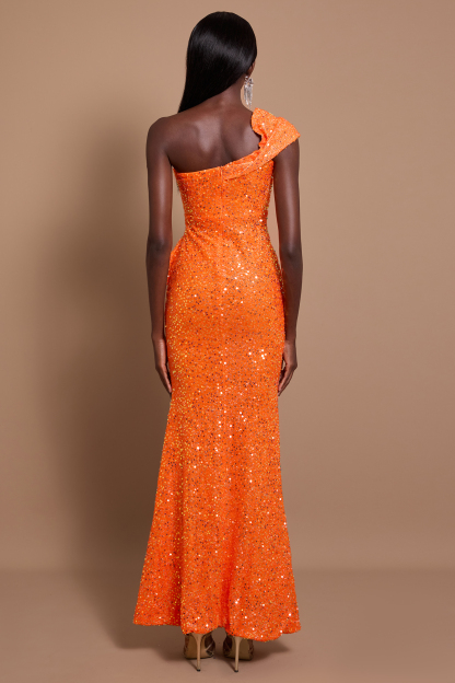 Sequin One Shoulder Ruffle Maxi Dress