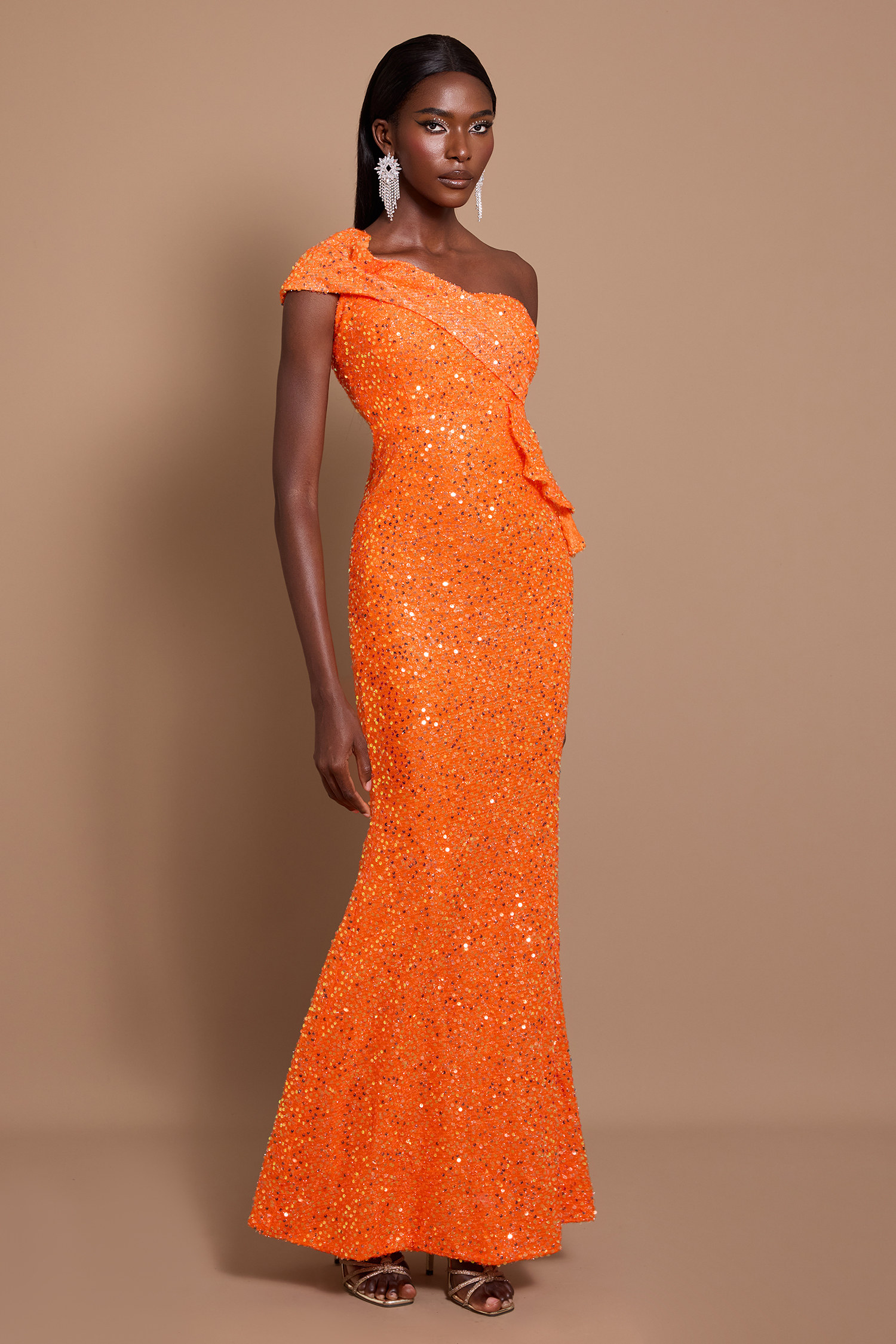 Sequin One Shoulder Ruffle Maxi Dress