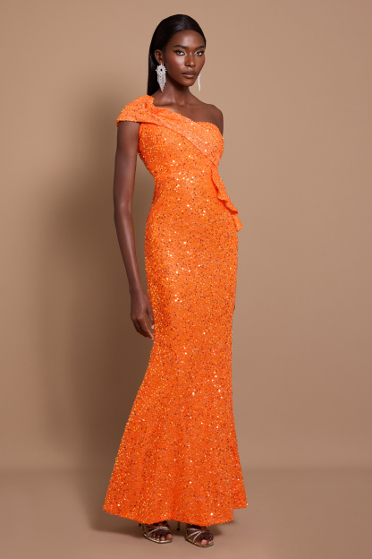 Sequin One Shoulder Ruffle Maxi Dress