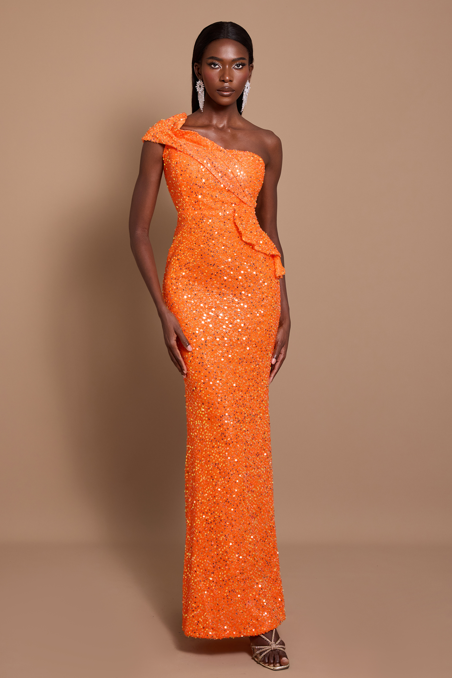 Sequin One Shoulder Ruffle Maxi Dress