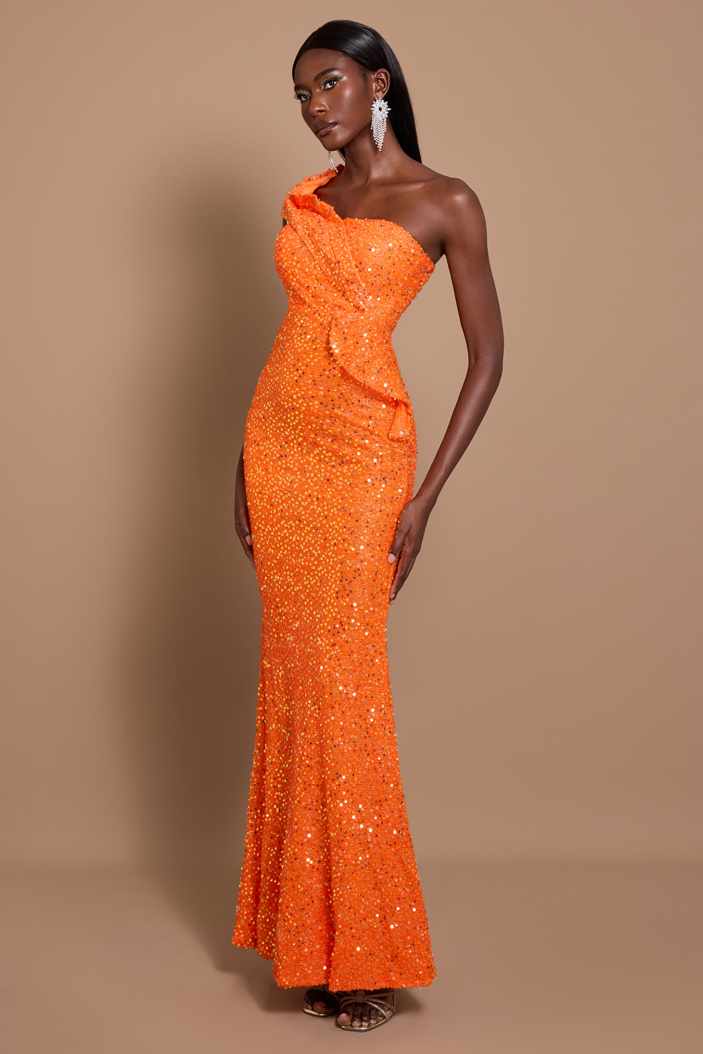 Sequin One Shoulder Ruffle Maxi Dress