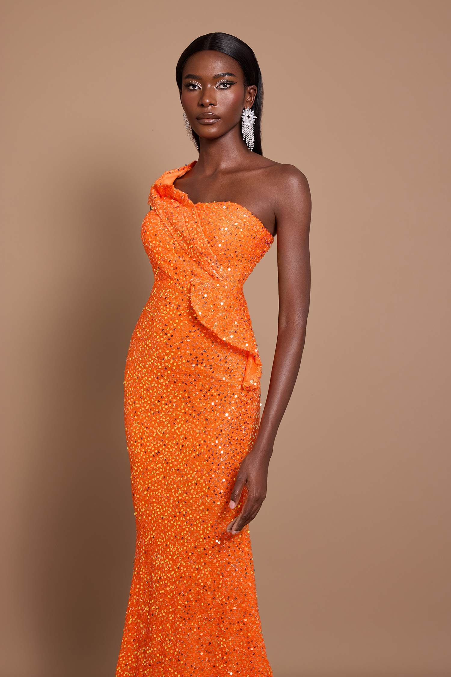 Sequin One Shoulder Ruffle Maxi Dress