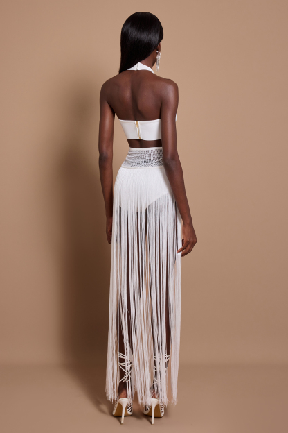 Halter Neck Sleeveless Top & Hight Waist Tassel Skirt Set