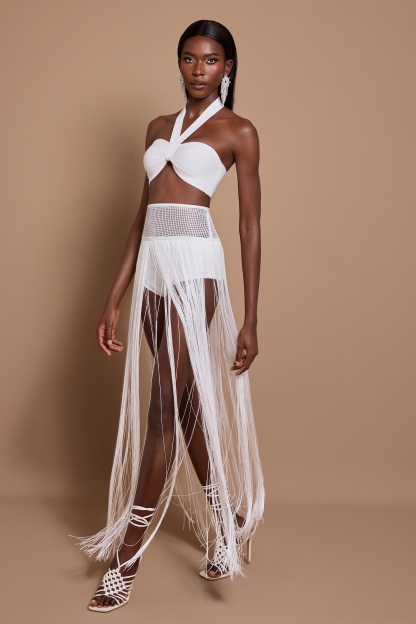 Halter Neck Sleeveless Top & Hight Waist Tassel Skirt Set