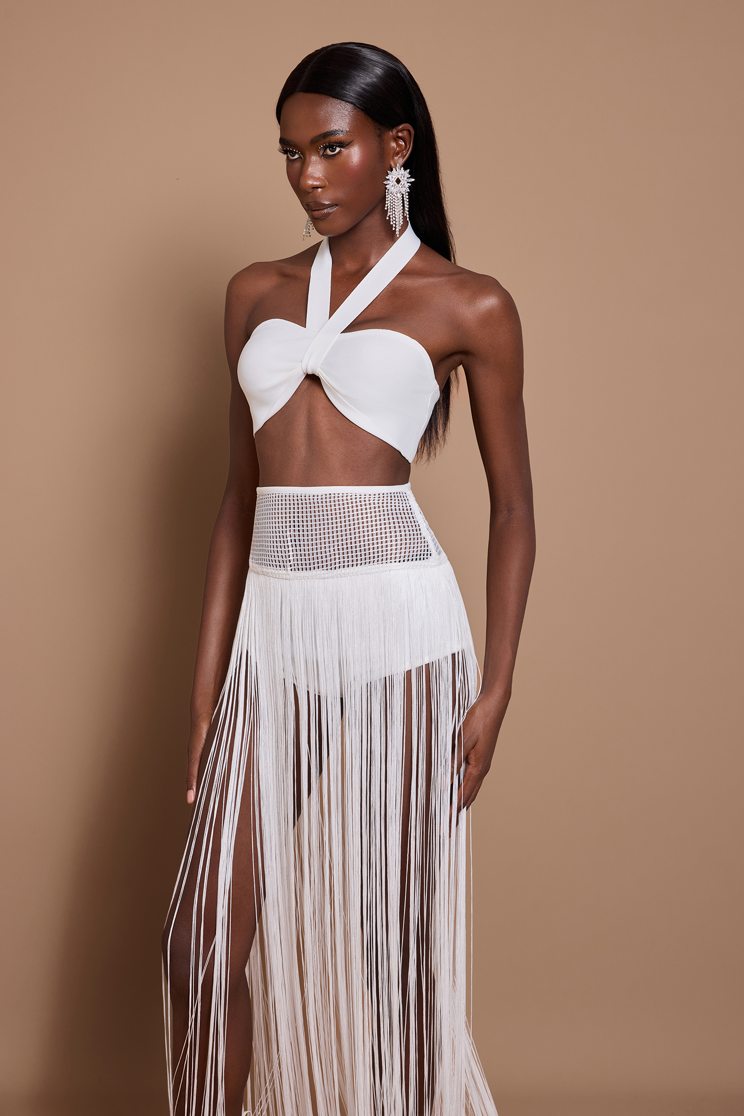 Halter Neck Sleeveless Top & Hight Waist Tassel Skirt Set