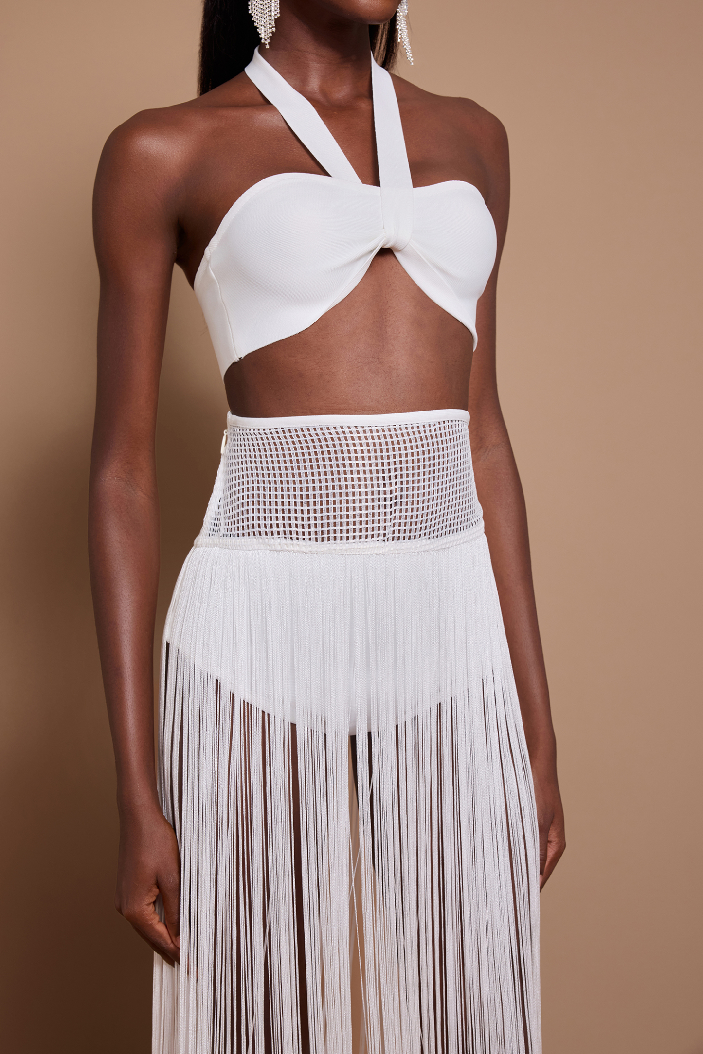 Halter Neck Sleeveless Top & Hight Waist Tassel Skirt Set