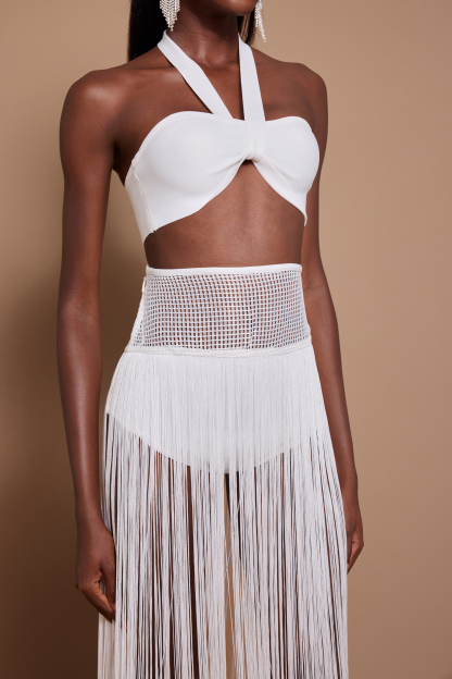 Halter Neck Sleeveless Top & Hight Waist Tassel Skirt Set