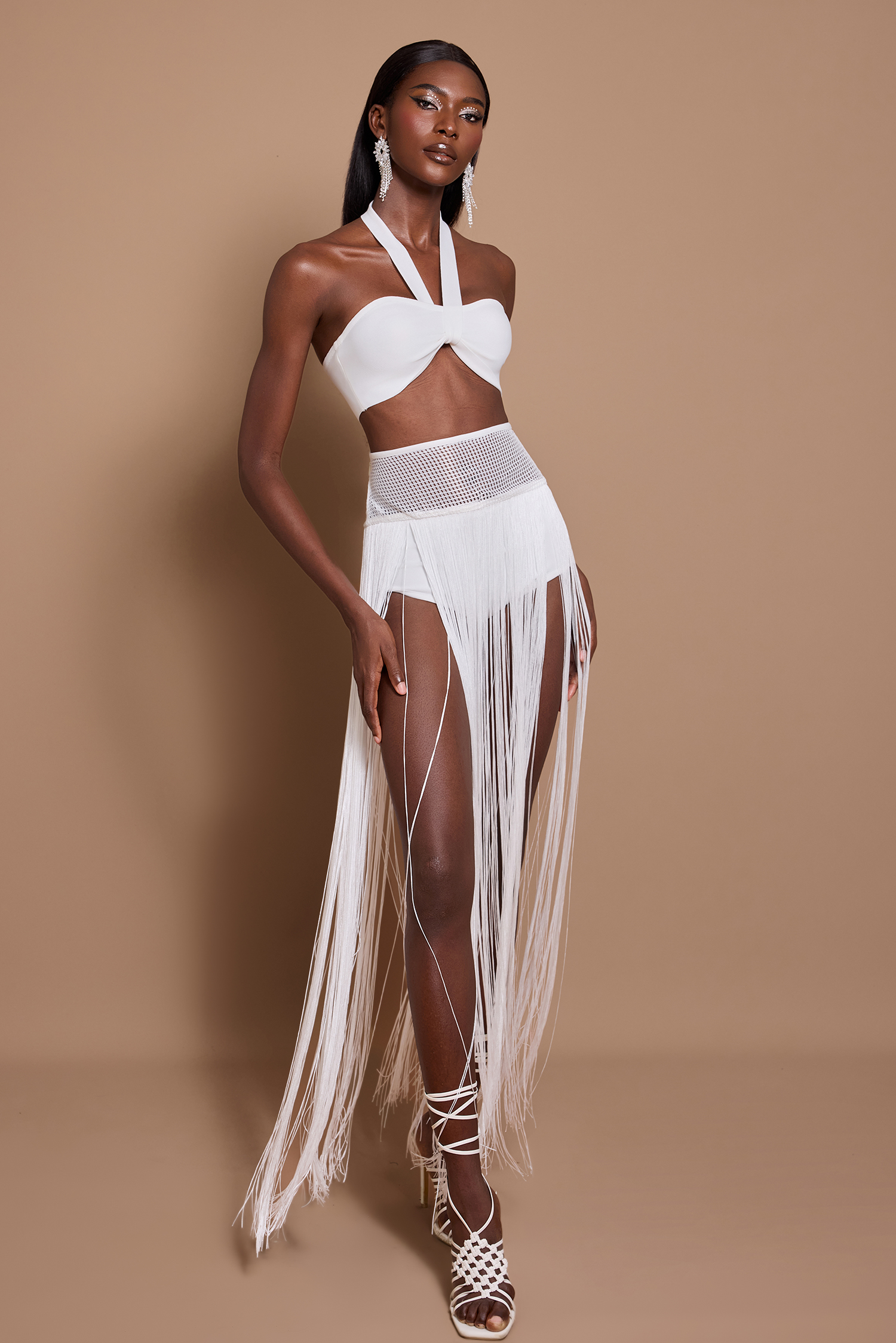 Halter Neck Sleeveless Top & Hight Waist Tassel Skirt Set