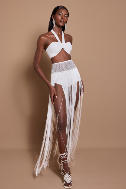 Halter Neck Sleeveless Top & Hight Waist Tassel Skirt Set