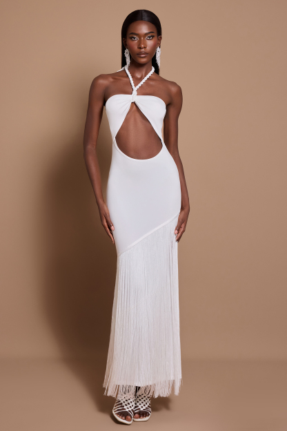 Halter Neck Cut-Out Tassel Maxi Dress