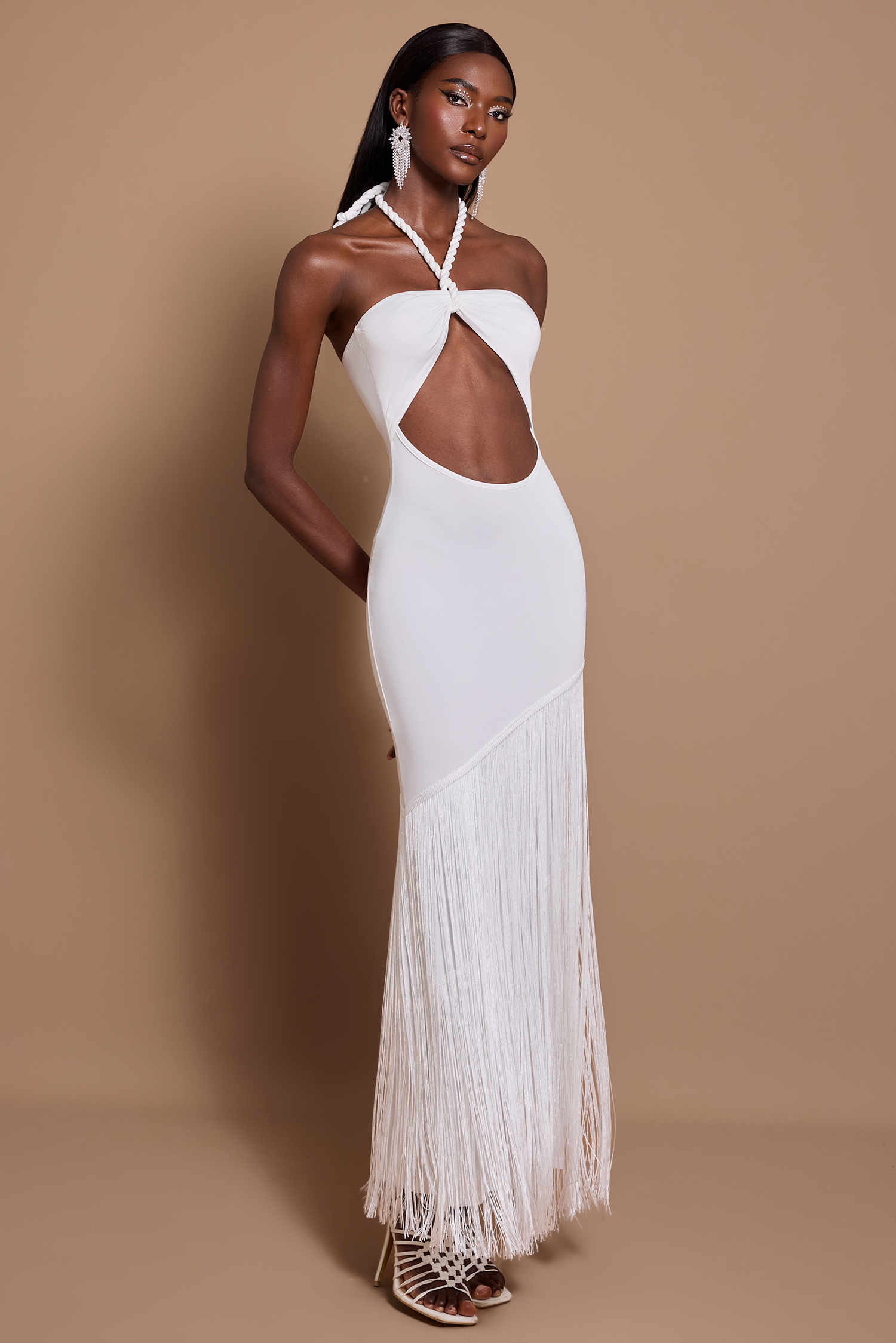 Halter Neck Cut-Out Tassel Maxi Dress