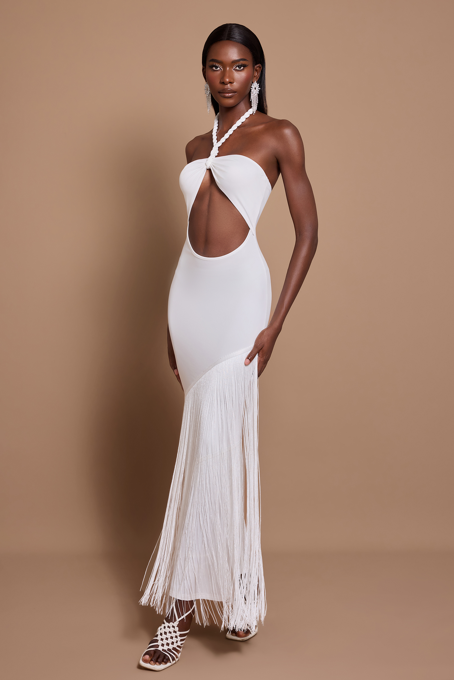 Halter Neck Cut-Out Tassel Maxi Dress