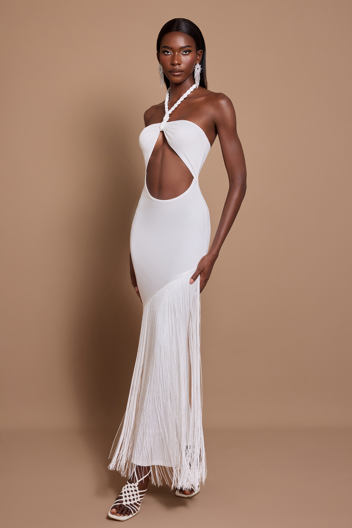 Halter Neck Cut-Out Tassel Maxi Dress