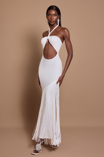 Halter Neck Cut-Out Tassel Maxi Dress