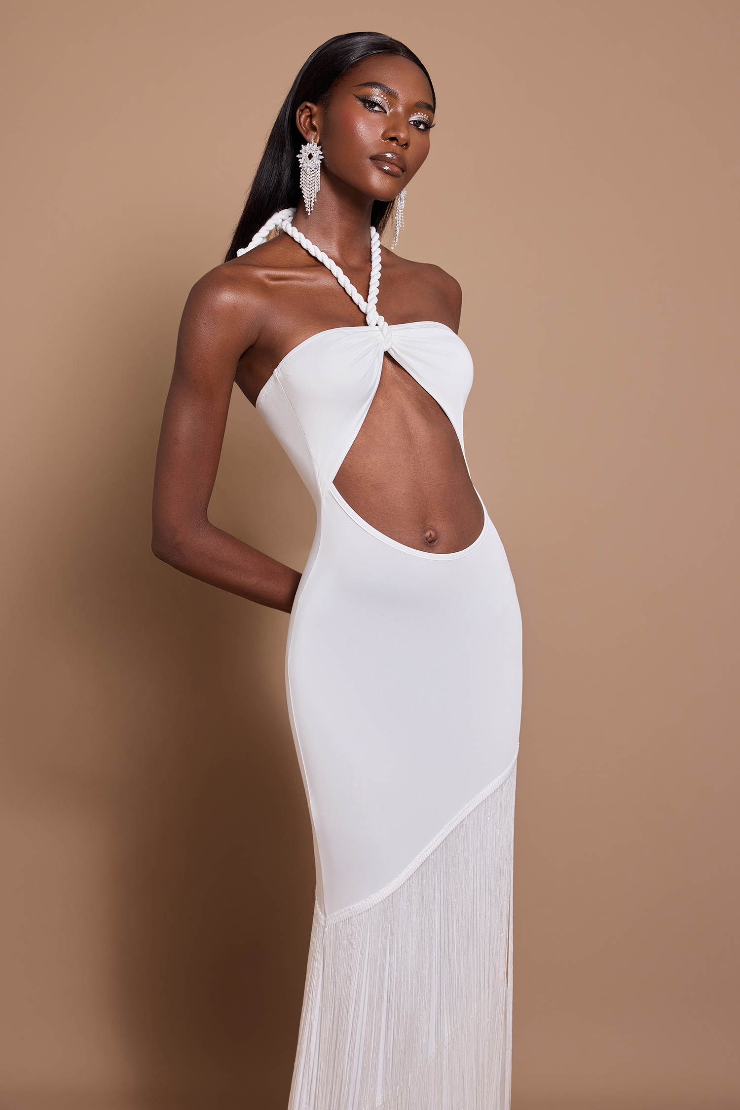 Halter Neck Cut-Out Tassel Maxi Dress