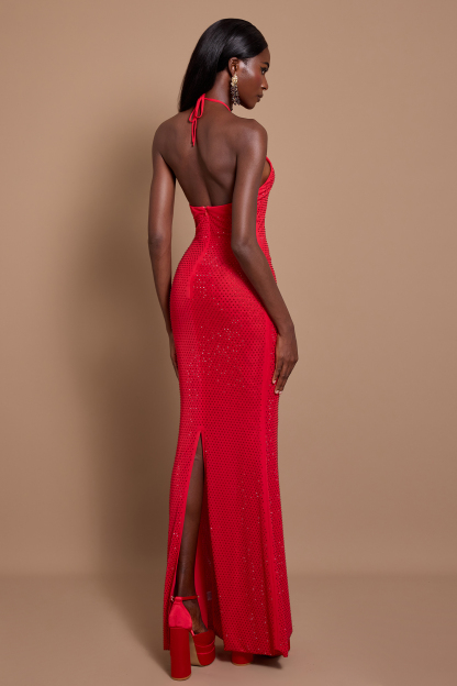 3D Flower Rhinestone Halter Neck Maxi Dress