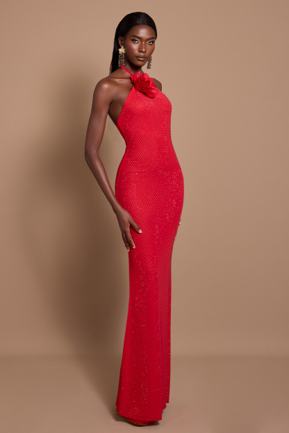 3D Flower Rhinestone Halter Neck Maxi Dress