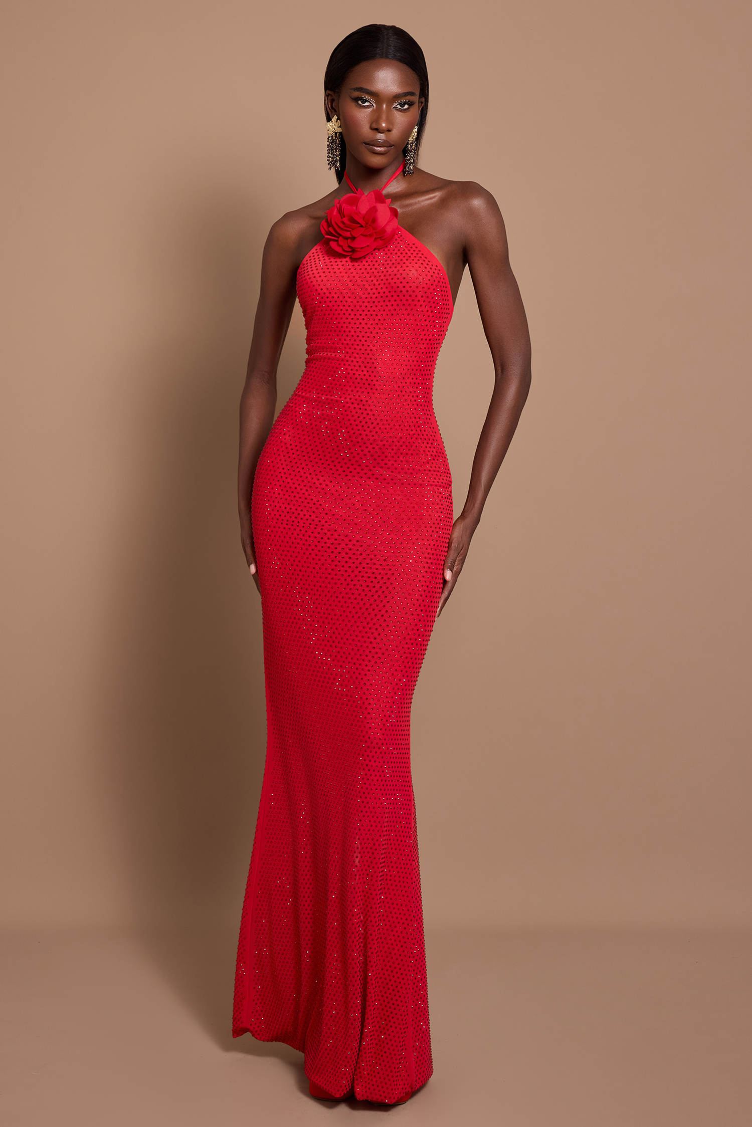 3D Flower Rhinestone Halter Neck Maxi Dress