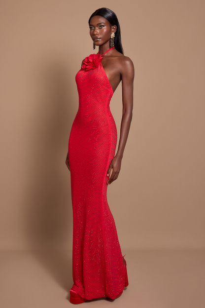 3D Flower Rhinestone Halter Neck Maxi Dress