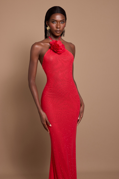 3D Flower Rhinestone Halter Neck Maxi Dress