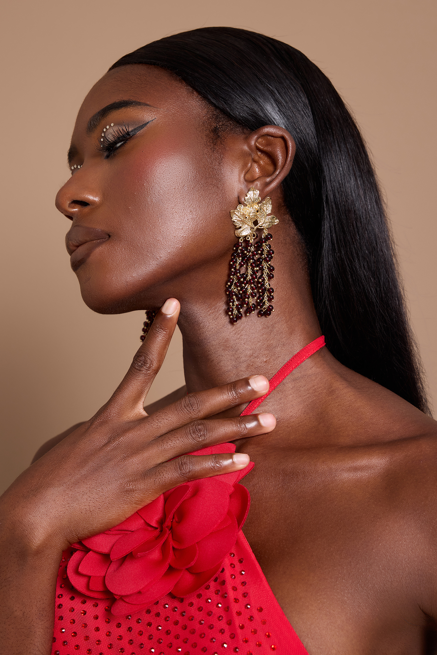 Tree Leaf-Shaped Beaded Tassel Earrings
