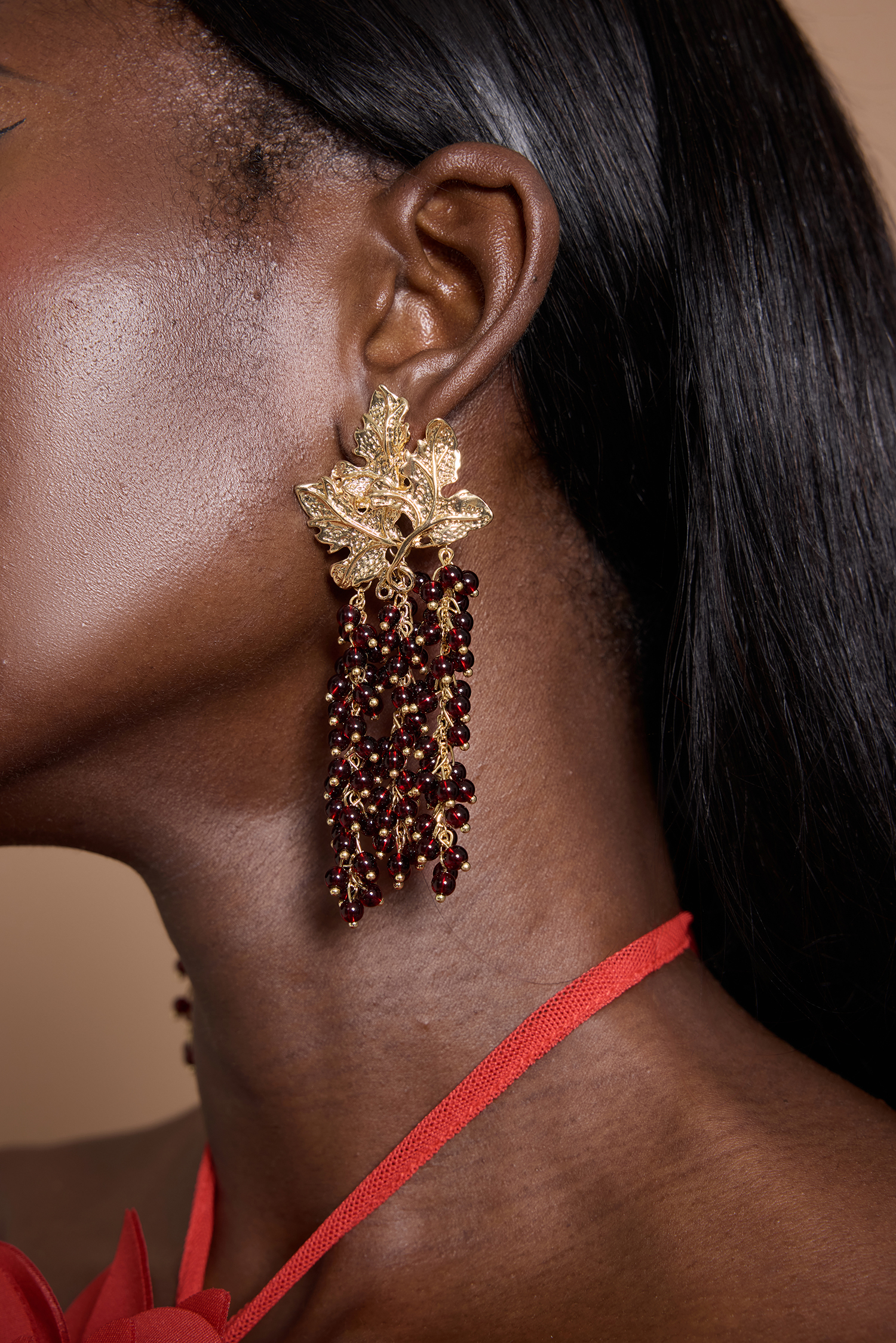 Tree Leaf-Shaped Beaded Tassel Earrings