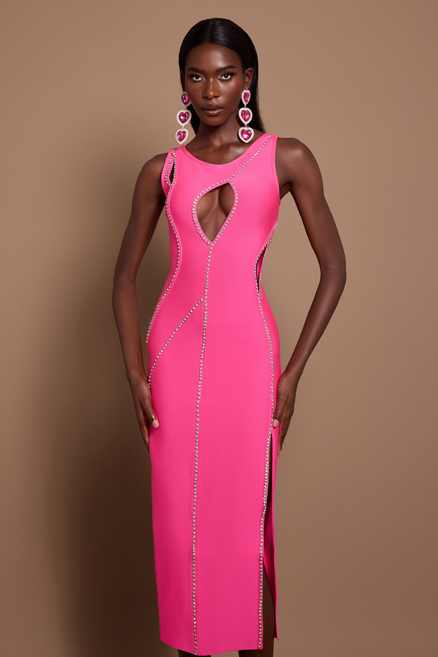 Rhinestone Cut-Out Split Maxi Dress