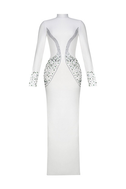 Bandage Rhinestone Stand Collar Top & High Waist Midi Skirt Set