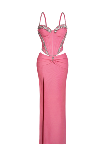 Bandage Rhinestone Slit Maxi Dress