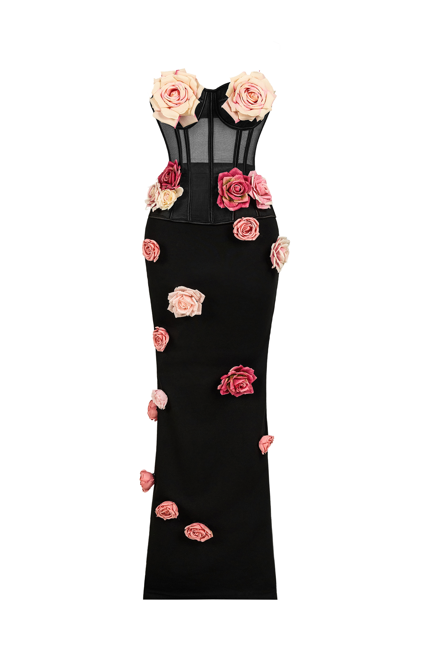 Mesh 3D Flower Off-Shoulder Top & High Waist Maxi Skirt