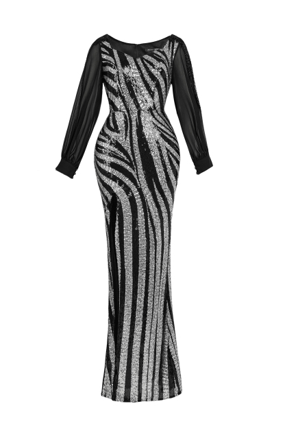 Zebra Print Sequin Long Sleeve Slit Maxi Dress